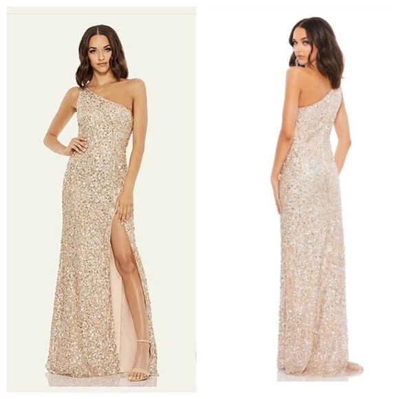 Mac Duggal Dresses & Skirts - MAC DUGGAL Gold Silver Sequin One Shoulder Gown with Slit Size 14